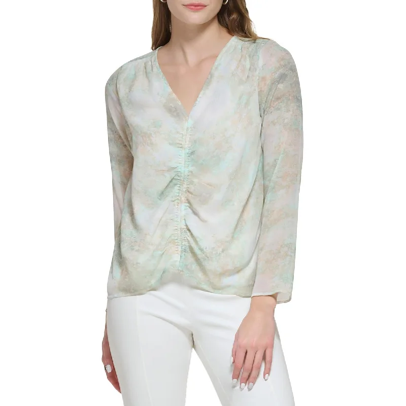Women's Satin Print Shirts -Calvin Klein Womens Ruched V-Neck Blouse