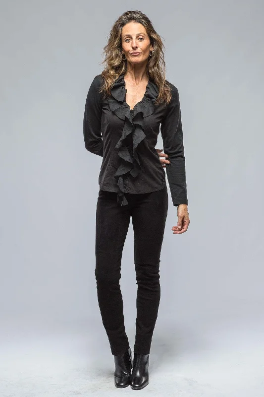 Women's Chiffon Shirts -Monica V-Neck Ruffle Front Blouse In Black
