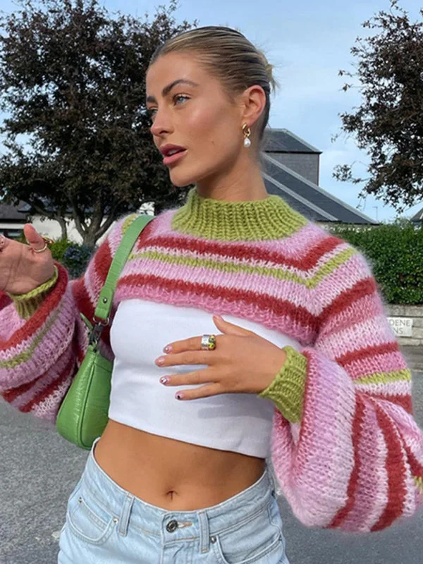 Women's Geometric Shirts -Colorful striped top blouse temperament short long-sleeved knitted sweater