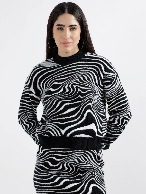 Women's Pullover Sweater with Side Slits-Elle Women Black Printed Round Neck Full Sleeves Pullover Style Sweater Women's Pullover Sweater with Side Slits-Elle Women Black Printed Round Neck Full Sleeves Pullover Style Sweater