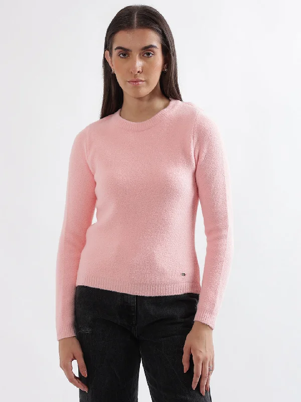 Women's Cropped Pullovers Sweater-Elle Women Pink Solid Round Neck Full Sleeves Pullover Style Sweater Women's Cropped Pullovers Sweater-Elle Women Pink Solid Round Neck Full Sleeves Pullover Style Sweater