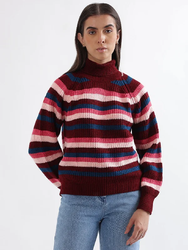 Women's Fitted Pullovers Sweater-Elle Women Multi-Color Striped Turtle Neck Full Sleeves Pullover Style Sweater Women's Fitted Pullovers Sweater-Elle Women Multi-Color Striped Turtle Neck Full Sleeves Pullover Style Sweater