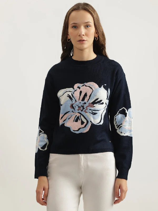 Women's Pullovers Sweater for Casual Weekends-Elle Women Navy Printed Round Neck Full Sleeves Pullover Style Sweater Women's Pullovers Sweater for Casual Weekends-Elle Women Navy Printed Round Neck Full Sleeves Pullover Style Sweater