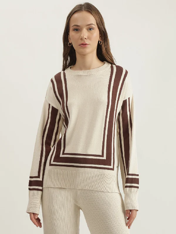 Women's Pullovers Sweater with V-neck-Elle Women Cream Self Design Round Neck Full Sleeves Pullover Style Sweater