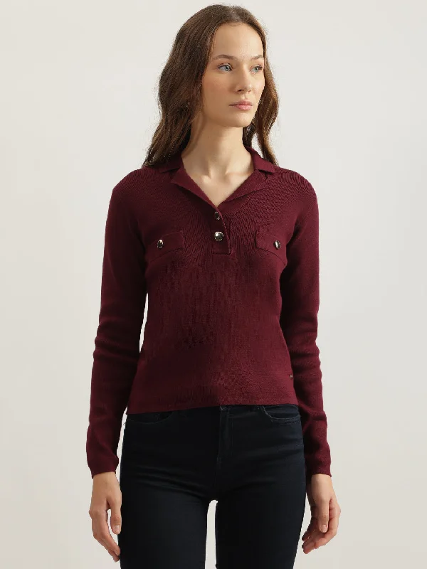 Women's Pullovers Sweater for Workwear-Elle Women Wine Solid Notched Collar Full Sleeves Pullover Style Sweater Women's Pullovers Sweater for Workwear-Elle Women Wine Solid Notched Collar Full Sleeves Pullover Style Sweater