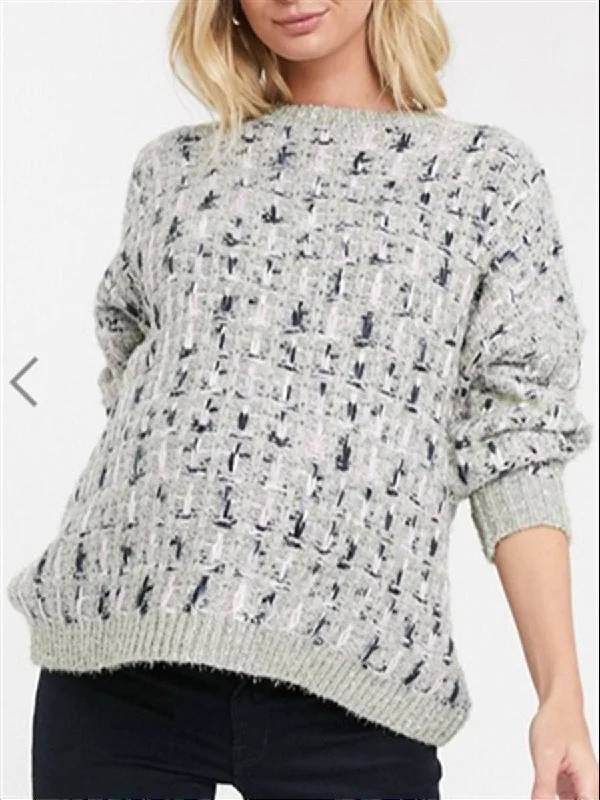 Women's Relaxed Wool Pullover Sweater with High Neck-Fashion Loose Jacquard Dyed Two-Color Loose Pullover Knit Sweater