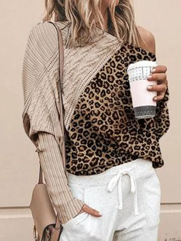 Women's Pinstripe Blouses -Fashion Leopard Print Sloping Shoulder Loose Blouse