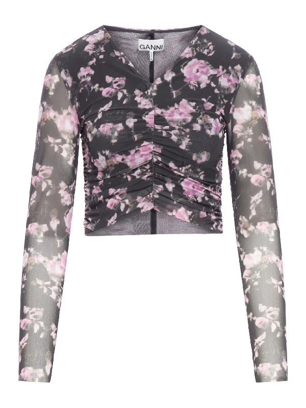 Women's Boho Print Shirts -PRINTED MESH RUCHED BLOUSE