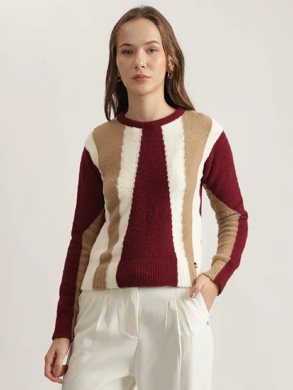Women's Pullovers Sweater for Fall Fashion-Iconic Women Multi Color-Blocked Round Neck Full Sleeves Pullover Style Sweater