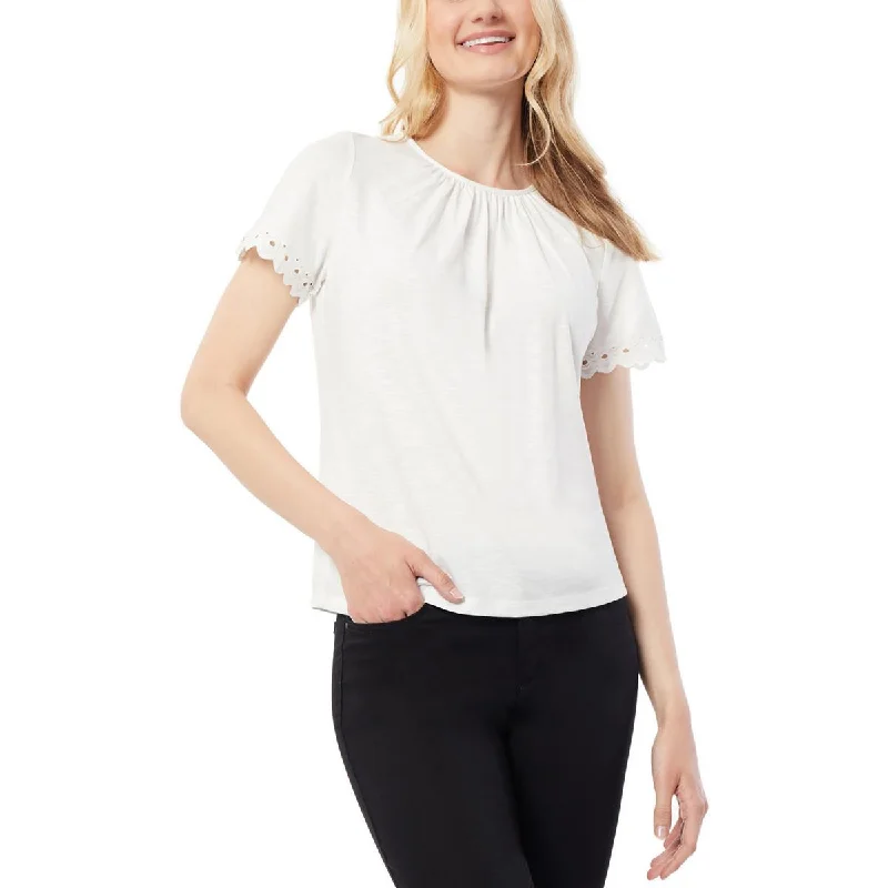 Women's Cotton Polo Shirts -Jones New York Womens Gathered Neck Lace Sleeve Trim Blouse