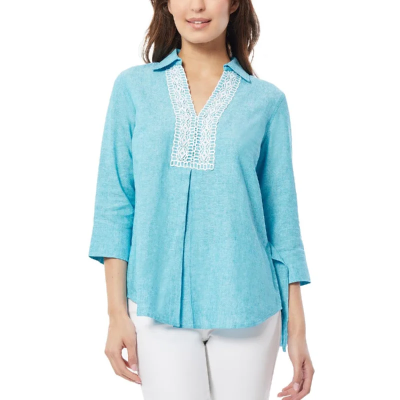 Women's Oversized Blouses -Jones New York Womens Linen Blend Lace Neck Blouse