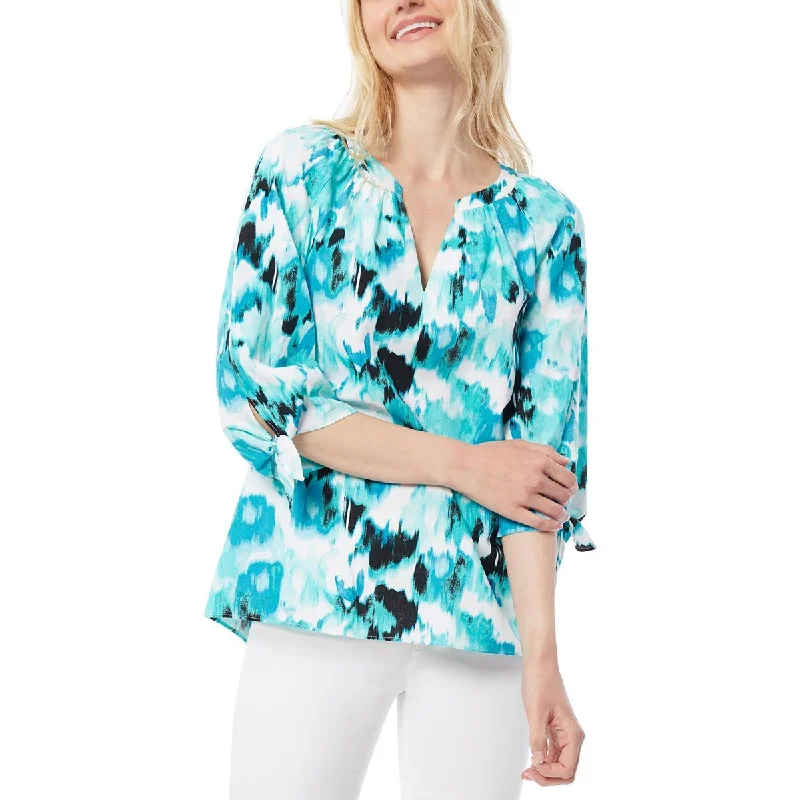 Women's Cropped Button-up Shirts -Jones New York Womens Printed Tie Sleeves Blouse