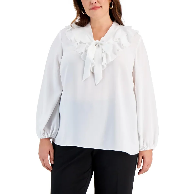 Women's Banded Collar Blouses -Kasper Womens Plus Ruffled Tie Neck Blouse