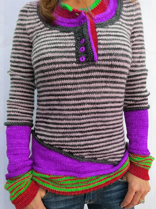 Women's Choker Neck Shirts -Multicolor Patchwork Striped Knitted Fake Two Long Sleeve Blouses&T-Shirts