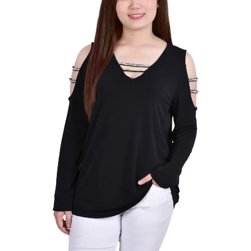 Women's Cotton Blouses with Bow -NY Collection Womens Petites Embellished V-Neck Blouse