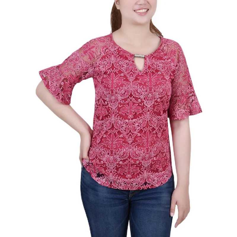 Women's Ruffle Detail Shirts -NY Collection Womens Petites Lace Keyhole Blouse