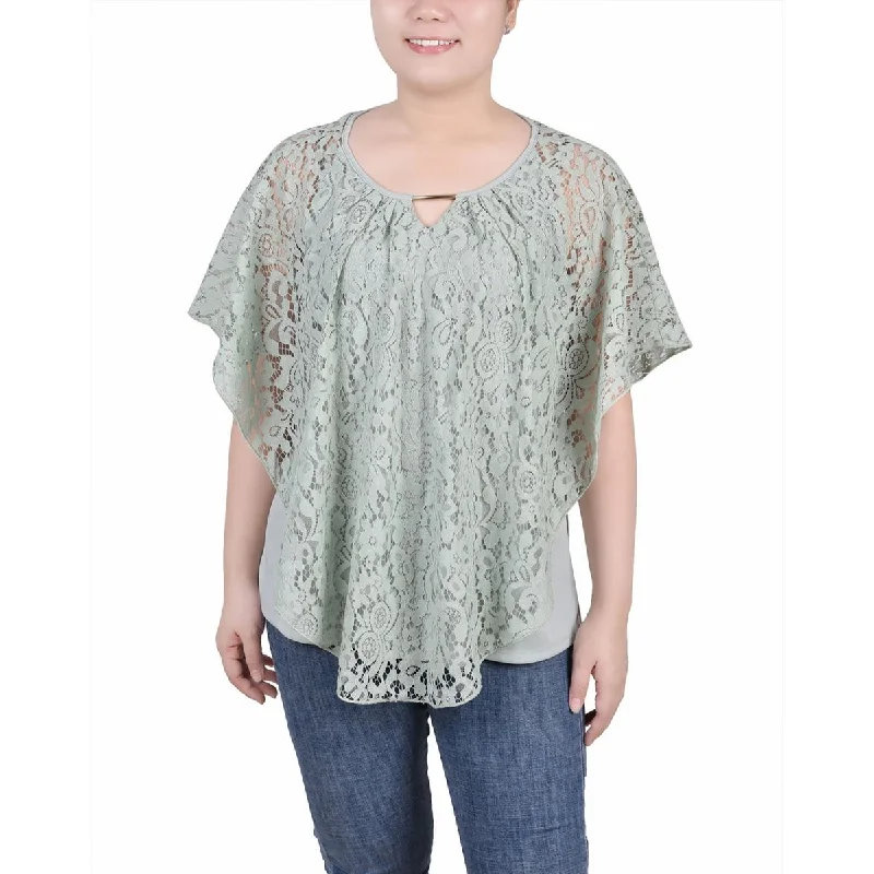 Women's Lined Shirts -NY Collection Womens Petites Poncho Sleeve Lace Overlay Blouse