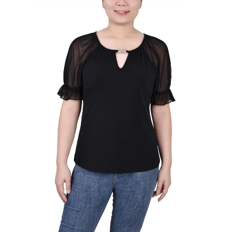 Women's Trendy Casual Shirts -NY Collection Womens Petites Keyhole Ruffled Blouse
