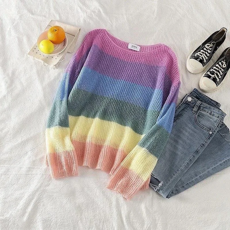 Women's Pullovers Sweater with Button Detail-Rainbow Pullover
