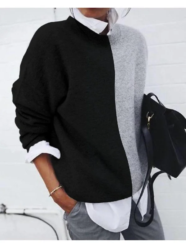 Women's Formal Work Shirts -Round Neck Colorblock Insert Long Sleeve Blouse