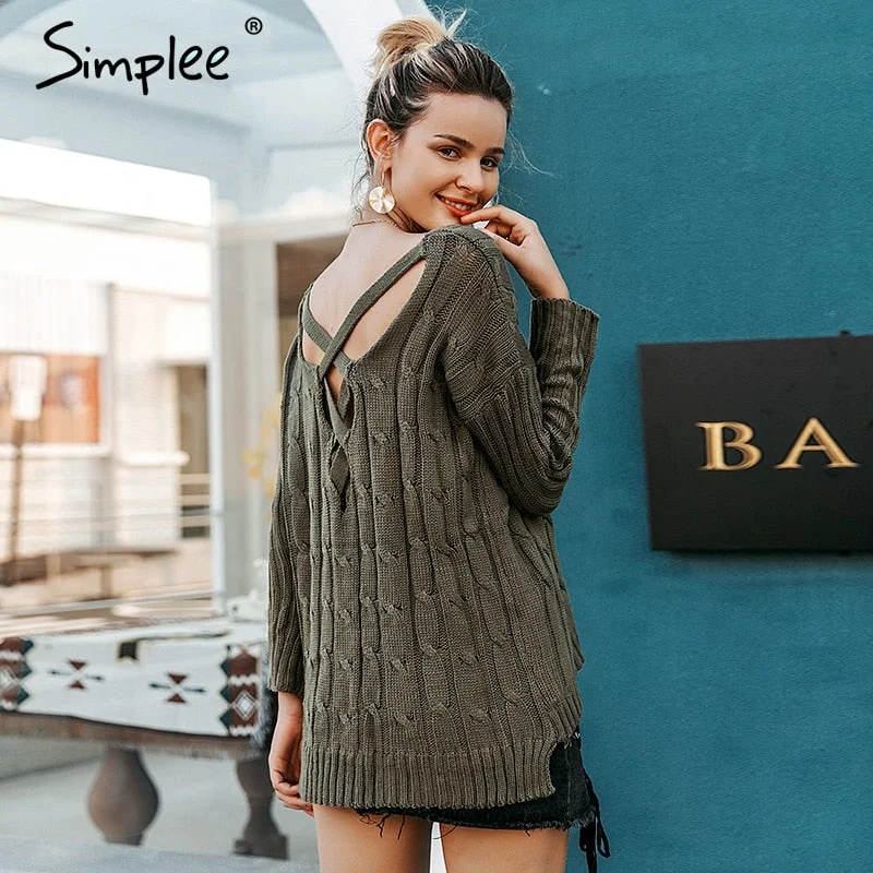 Women's Wool Knit Pullovers Sweater with Simple Design-Simplee Autumn cross top Backless knitted sweater women 2016 Oversized winter knitwear Loose jumpers white pullover