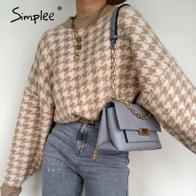Women's Pullovers Sweater for Everyday Comfort-Simplee women geometric khaki knitted sweater women casual Houndstooth lady pullover sweater female Autumn winter retro jumper