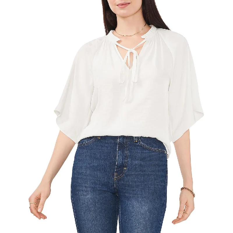 Women's Printed Cotton Blouses -Vince Camuto Womens Sheer Ruffle Split Neck Blouse