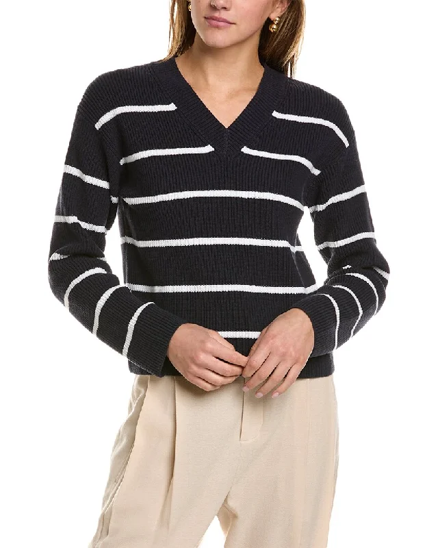 Women's Chunky Knit Cashmere Pullovers Sweater-Vince Striped Drop-Shoulder Pullover