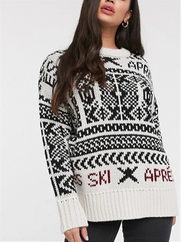 Women's Cozy Knit Pullover Sweater with Drop Shoulders- Vintage Jacquard Lazy Wind Loose Round Neck Pullover Knit Sweater
