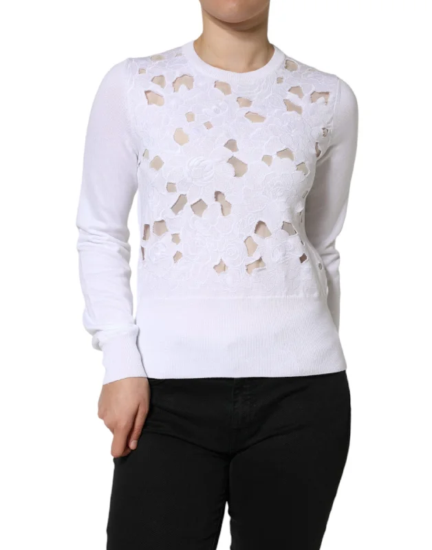 Women's Wool Pullover Sweater with Cozy Knit Pattern-White Lace Cut Out Long Sleeves Pullover Sweater