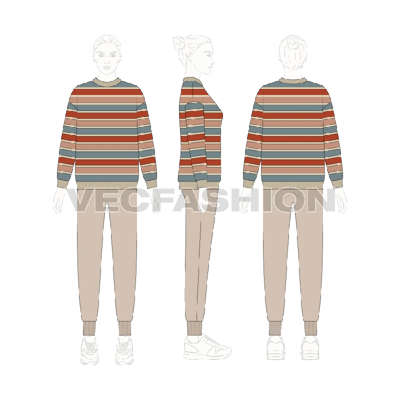 Women's Pullover Sweater with Wool Blends-Women Striped Pullover Sweater
