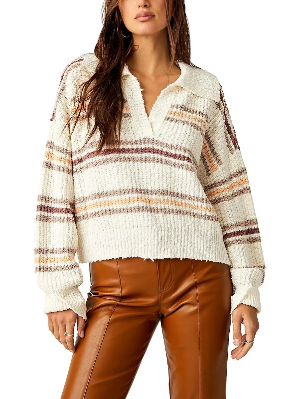 Women's Comfy Pullovers Sweater-Womens Collared Striped Pullover Sweater