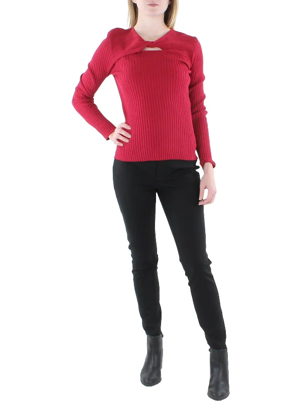 Women's Woolen Pullover Sweater with Zip Closure-Womens Cut-Out Ribbed Knit Pullover Sweater