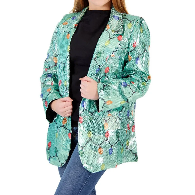 Women's Blazers for Outdoor Events -Women's Sequin X-Mas Lights Ugly Christmas Blazer Jacket
