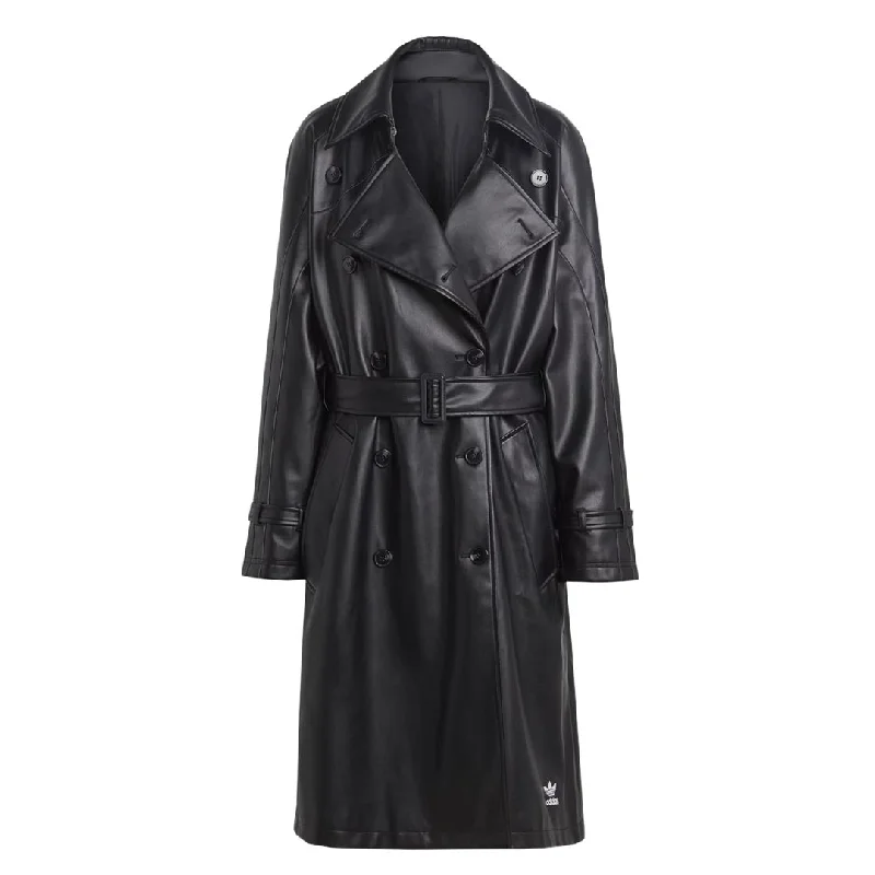 Women's Long Trench Coat-adidas - Women's Adicolor Trefoil Faux Leather Trench Coat (II6083)