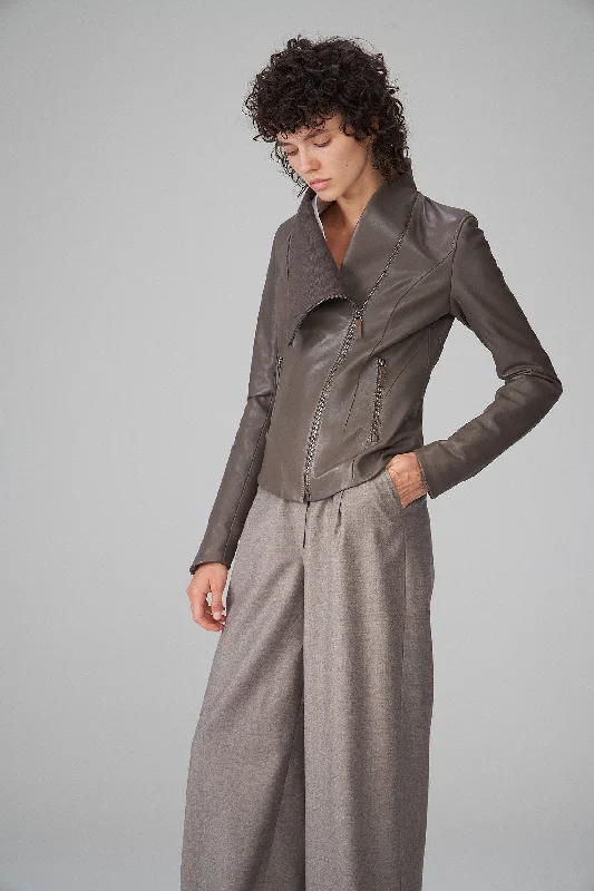 Women's Leather Jacket for Vintage Appeal-Alba - Warm Grey Leather Jacket