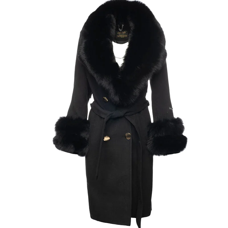 Women's Leather Jacket for Fall/Winter Layering-Aria Black Chic long cashmere blend coat with fox fur Women's Leather Jacket for Fall/Winter Layering-Aria Black Chic long cashmere blend coat with fox fur