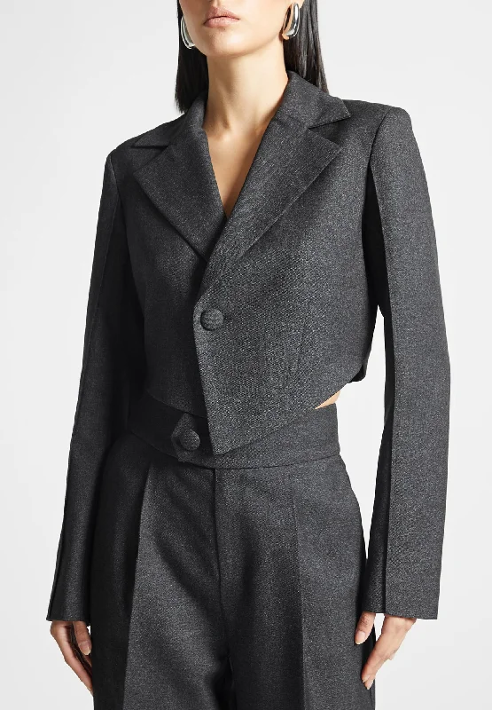 Women's Wool Mix Blazers -Asymmetric Tailored Cropped Blazer - Grey