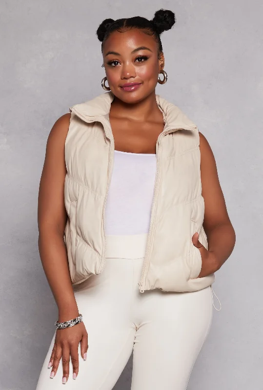 Women's Leather Jacket for Cozy Winter Looks-Plus Size Zip Front Quilted Puffer Vest Women's Leather Jacket for Cozy Winter Looks-Plus Size Zip Front Quilted Puffer Vest