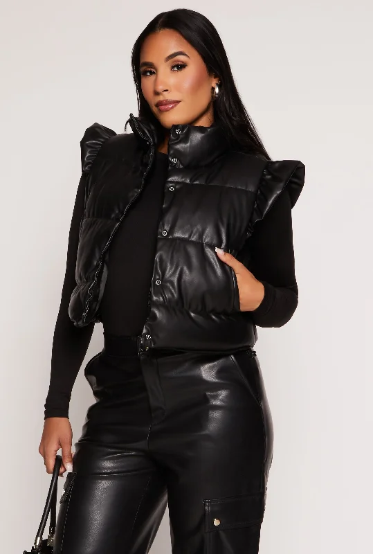 Women's Leather Jacket for Date Night-Almost Famous Faux Leather Puffer Vest