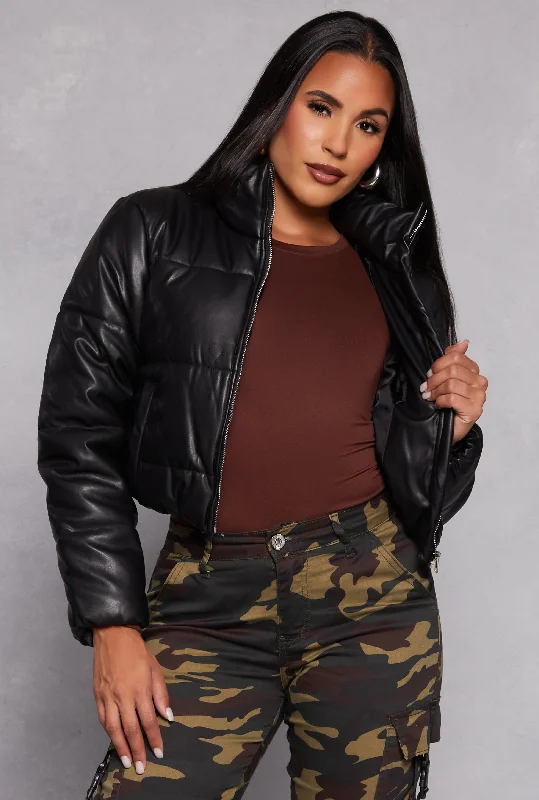 Women's Leather Jacket with Adjustable Features-Faux Leather Funnel Neck Puffer Jacket Women's Leather Jacket with Adjustable Features-Faux Leather Funnel Neck Puffer Jacket