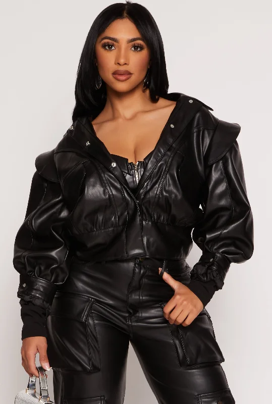 Women's Leather Jacket for Relaxed Layers-Faux Leather Puff Sleeve Cropped Jacket