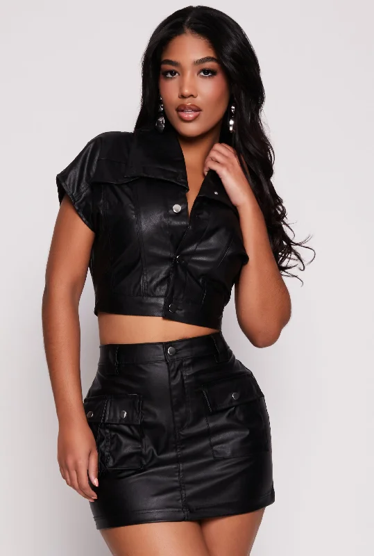 Women's Leather Jacket for Office-Faux Leather Short Sleeve Cropped Jacket