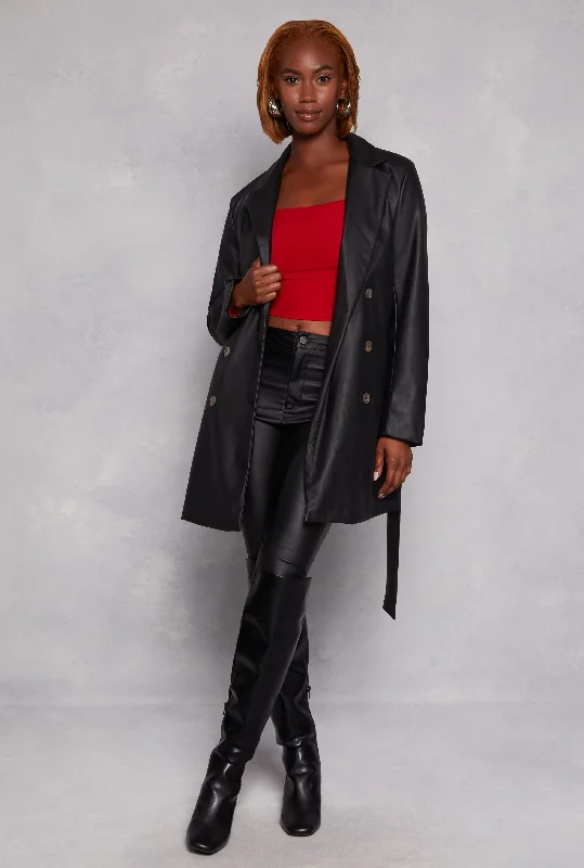 Women's Leather Jacket for Winter Protection-Faux Leather Tie Waist Belted Coat