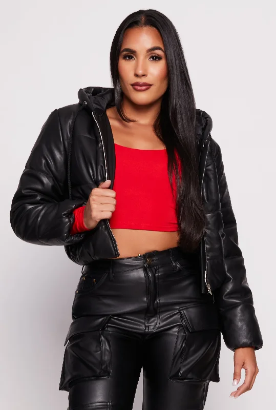 Women's Leather Jacket for Street-Ready Fashion-Faux Leather Zip Front Hooded Puffer Jacket Women's Leather Jacket for Street-Ready Fashion-Faux Leather Zip Front Hooded Puffer Jacket
