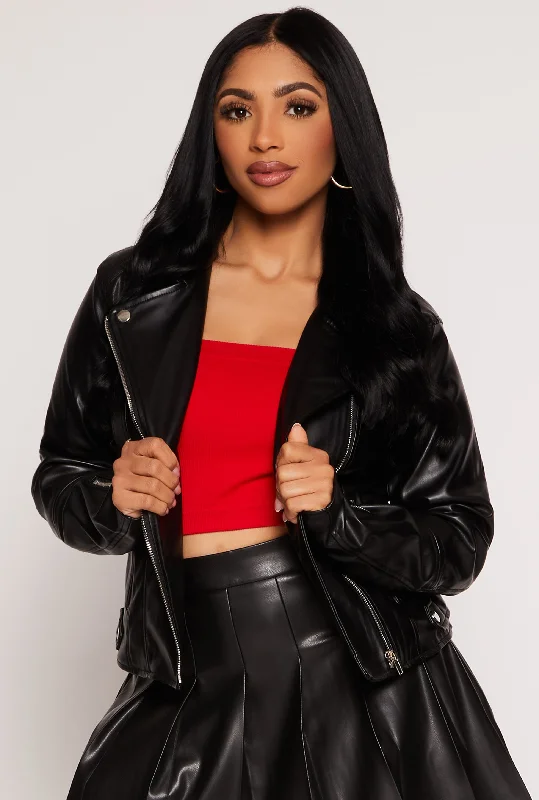 Women's Leather Jacket for Stylish Protection-Faux Leather Zip Front Moto Jacket