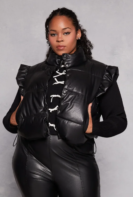 Women's Leather Jacket for Feminine Shape-Plus Size Almost Famous Flutter Sleeve Faux Leather Puffer Vest Women's Leather Jacket for Feminine Shape-Plus Size Almost Famous Flutter Sleeve Faux Leather Puffer Vest