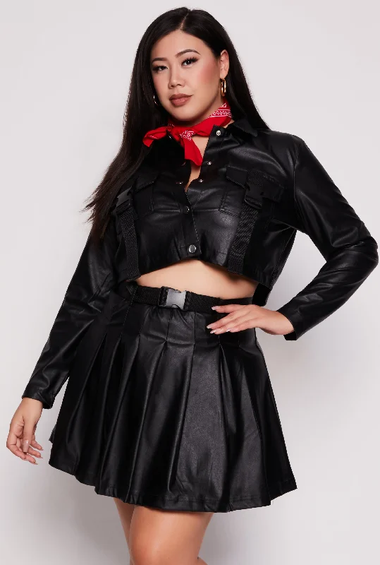 Women's Leather Jacket with Sporty Detailing-Plus Size Faux Leather Cropped Shacket Women's Leather Jacket with Sporty Detailing-Plus Size Faux Leather Cropped Shacket