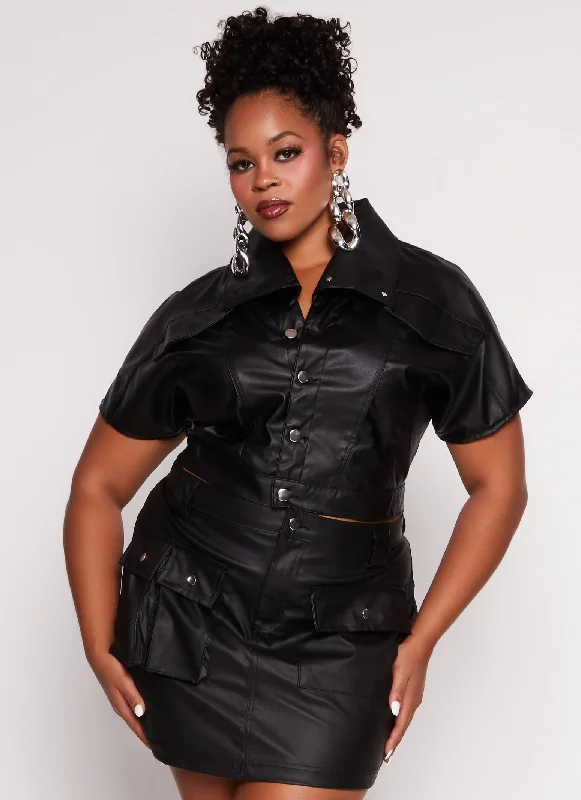 Women's Leather Jacket with Luxurious Finish-Plus Size Faux Leather Short Sleeve Cropped Jacket Women's Leather Jacket with Luxurious Finish-Plus Size Faux Leather Short Sleeve Cropped Jacket