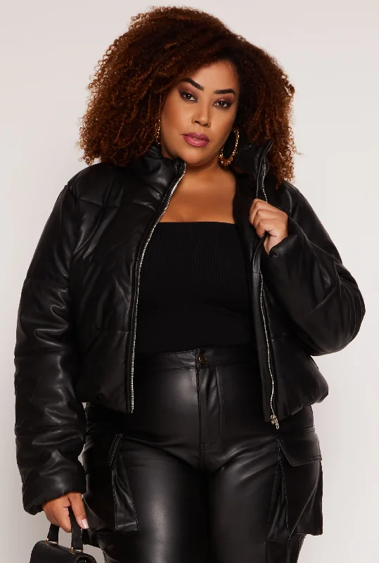 Women's Leather Jacket with Exclusive Look-Plus Size Faux Leather Zip Front Long Sleeve Puffer Jacket Women's Leather Jacket with Exclusive Look-Plus Size Faux Leather Zip Front Long Sleeve Puffer Jacket